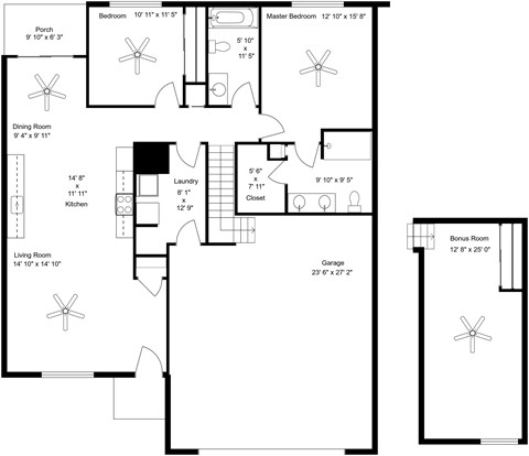 Floor plan for 3 beds, 2 baths, 1300 sqft